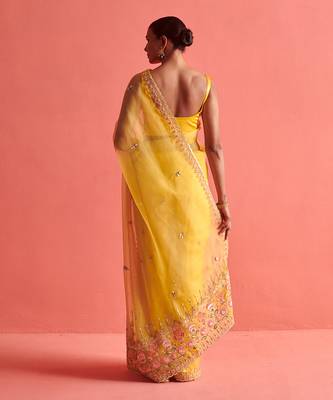 Yellow hand embrodiered saree with mashru silk blouse 5