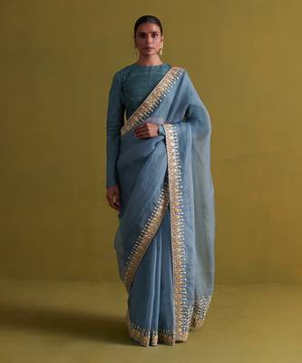 Marine blue hand embrodiered saree with raw silk blouse 1
