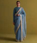 Marine blue hand embrodiered saree with raw silk blouse