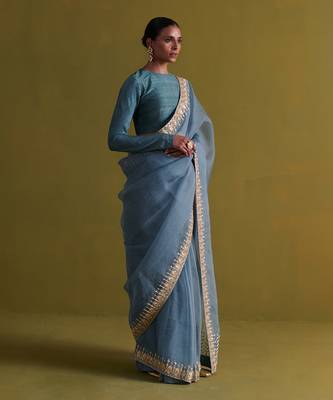 Marine blue hand embrodiered saree with raw silk blouse 2