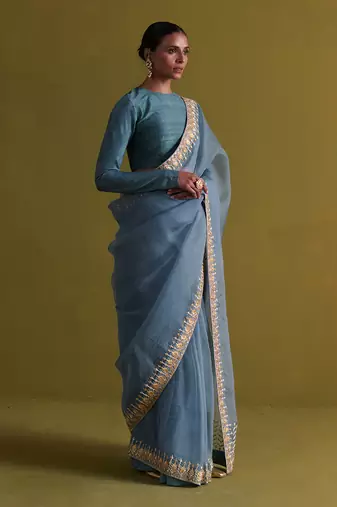 Marine blue hand embrodiered saree with raw silk blouse
