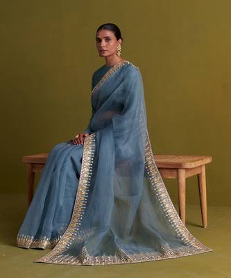 Marine blue hand embrodiered saree with raw silk blouse 3