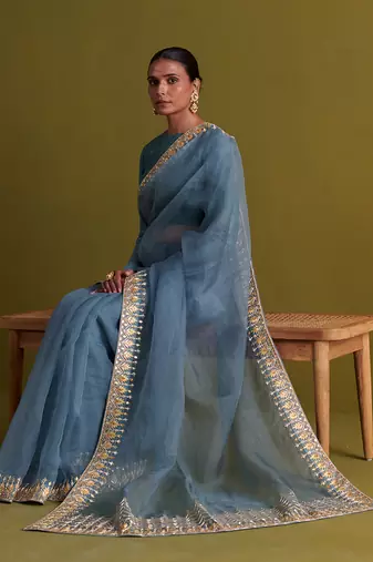 Marine blue hand embrodiered saree with raw silk blouse