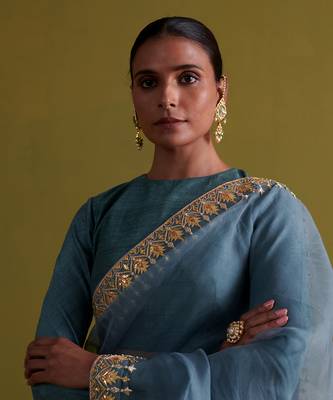 Marine blue hand embrodiered saree with raw silk blouse 4