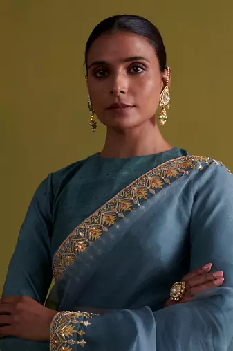 Marine blue hand embrodiered saree with raw silk blouse