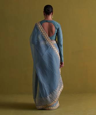 Marine blue hand embrodiered saree with raw silk blouse 5
