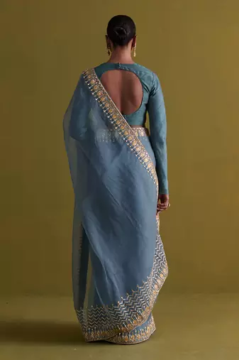 Marine blue hand embrodiered saree with raw silk blouse