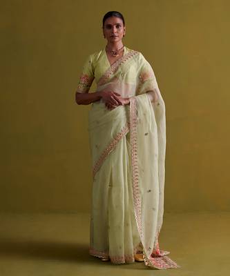 Sage green hand embrodiered saree with raw silk blouse 1