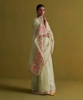 Sage green hand embrodiered saree with raw silk blouse 2