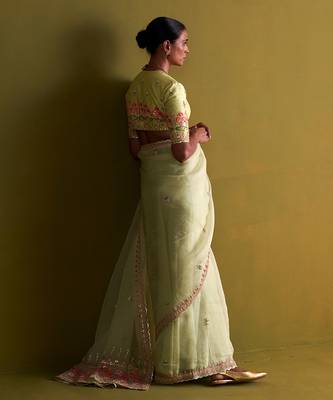Sage green hand embrodiered saree with raw silk blouse 3