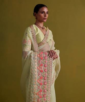 Sage green hand embrodiered saree with raw silk blouse 4