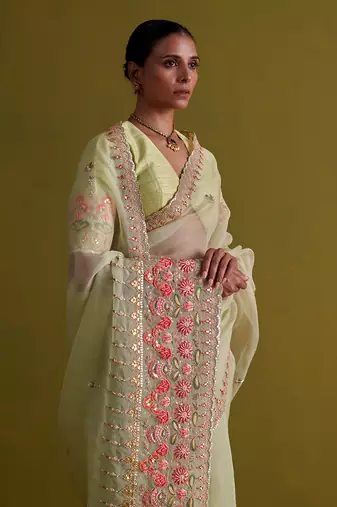 Sage green hand embrodiered saree with raw silk blouse