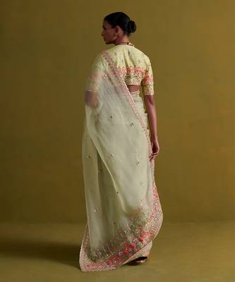 Sage green hand embrodiered saree with raw silk blouse 5