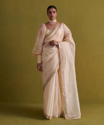 Beige hand embrodiered saree with raw silk blouse 1