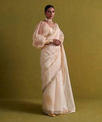 Beige hand embrodiered saree with raw silk blouse 2