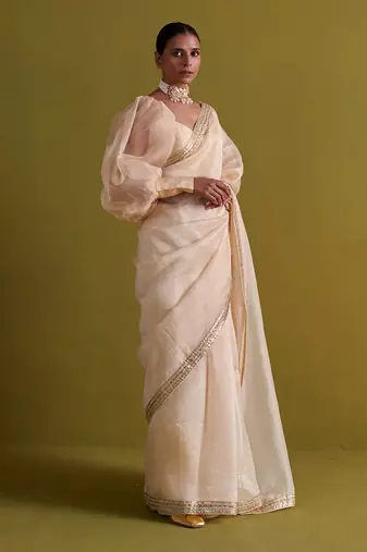 Beige hand embrodiered saree with raw silk blouse
