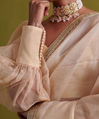 Beige hand embrodiered saree with raw silk blouse 4