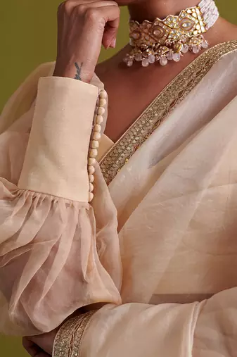 Beige hand embrodiered saree with raw silk blouse