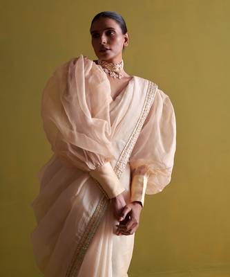Beige hand embrodiered saree with raw silk blouse 5