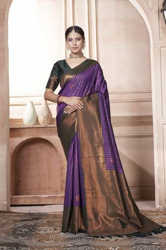 Wine kanjivaram silk blend zari Weaving With Gold Zari Border And Pallu Saree With Blouse For Women