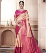 Peach kanjivaram silk blend zari Weaving With Gold Zari Border And Pallu Saree With Blouse For Women