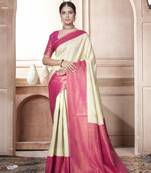 White kanjivaram silk blend zari Weaving With Gold Zari Border And Pallu Saree With Blouse For Women