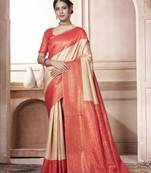 Light Peach kanjivaram silk blend zari Weaving With Gold Zari Border And Pallu Saree With Blouse For Women