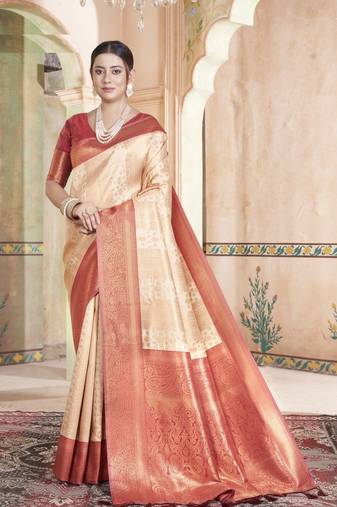 Light Peach kanjivaram silk blend zari Weaving With Gold Zari Border And Pallu Saree With Blouse For Women