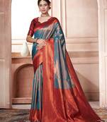 Turquoise woven kanchipuram silk saree with blouse