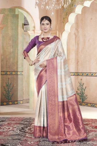 Sky Blue kanjivaram silk blend zari Weaving With Gold Zari Border And Pallu Saree With Blouse For Women