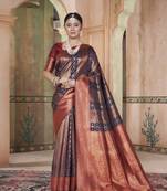 Blue kanjivaram silk blend zari Weaving With Gold Zari Border And Pallu Saree With Blouse For Women