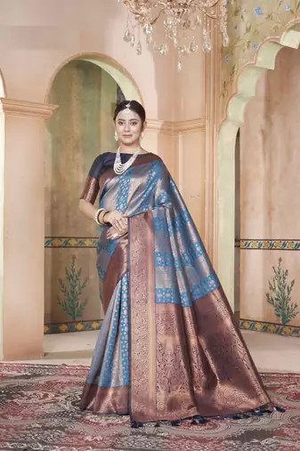 Teal kanjivaram silk blend zari Weaving With Gold Zari Border And Pallu Saree With Blouse For Women