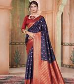 Navy blue woven kanchipuram silk saree with blouse