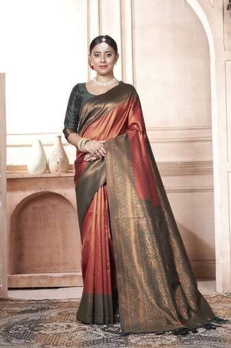 Red kanjivaram silk blend zari Weaving With Gold Zari Border And Pallu Saree With Blouse For Women