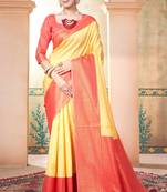 Yellow woven kanchipuram silk saree with blouse