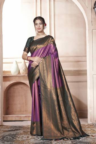 Purple kanjivaram silk blend zari Weaving With Gold Zari Border And Pallu Saree With Blouse For Women