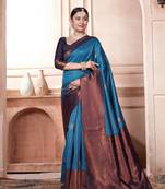 Blue woven kanchipuram silk saree with blouse