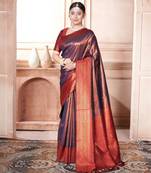 Navy blue woven kanchipuram silk saree with blouse