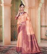 Peach woven kanchipuram silk saree with blouse