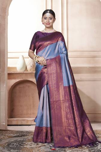 Blue kanjivaram silk blend zari Weaving With Gold Zari Border And Pallu Saree With Blouse For Women