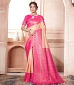 Peach woven kanchipuram silk saree with blouse