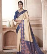 Navy blue woven Faux kanchipuram silk saree with blouse