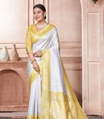 Light yellow woven Faux kanchipuram silk saree with blouse