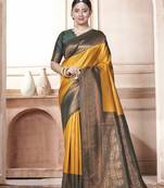 Yellow kanjivaram silk blend zari Weaving With Gold Zari Border And Pallu Saree With Blouse For Women