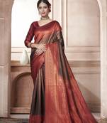 Brown kanjivaram silk blend zari Weaving With Gold Zari Border And Pallu Saree With Blouse For Women