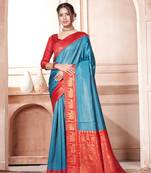 Blue woven Faux kanchipuram silk saree with blouse