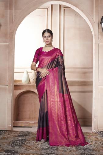 Pink kanjivaram silk blend zari Weaving With Gold Zari Border And Pallu Saree With Blouse For Women