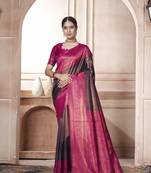 Pink kanjivaram silk blend zari Weaving With Gold Zari Border And Pallu Saree With Blouse For Women