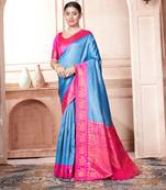 Blue woven Faux kanchipuram silk saree with blouse