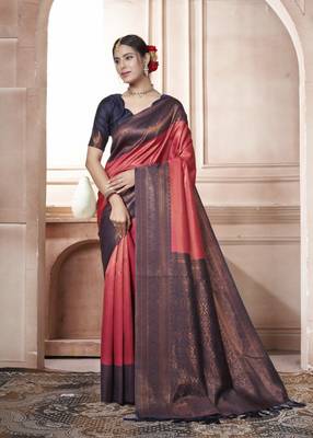 Wine kanjivaram silk blend zari Weaving With Gold Zari Border And Pallu Saree With Blouse For Women 1